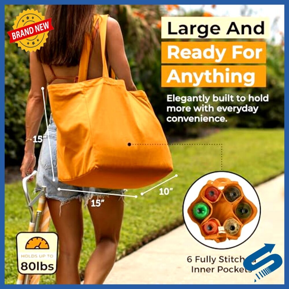 Heavy Duty Canvas Grocery Tote Set Foldable Washable with Pockets - Picture 2 of 7